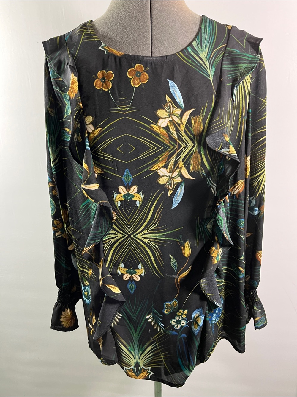 Counterparts Black Floral Ruffle Blouse with Green and Gold Accents Size L